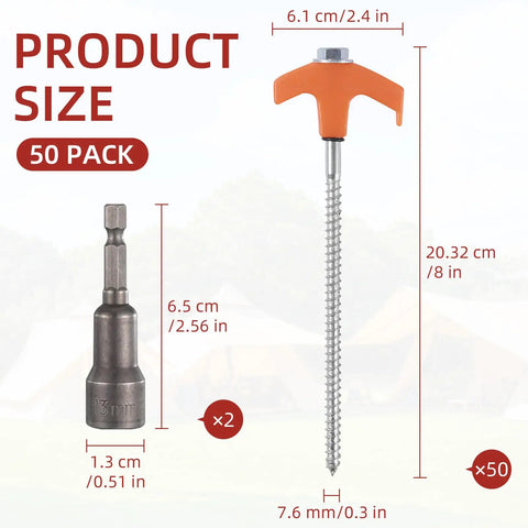 Fifty Pack Eight Inch Screw In Tent Stakes Heavy Duty Ground Stakes With Hex Head Driver Metal Pegs Spikes For Camping Garden Yard Orange with size details