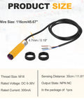 M18 Photoelectric Sensor 30 cm Diffuse Switch, 6-36V DC, NPN NC with wire and specifications displayed