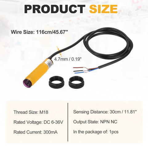 M18 Photoelectric Sensor 30 cm Diffuse Switch, 6-36V DC, NPN NC with wire and specifications displayed