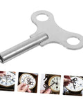 Rugged Pro Grade Steel Clock Winding Key For Wall And Alarm Clocks, showing its use in winding various traditional clocks.