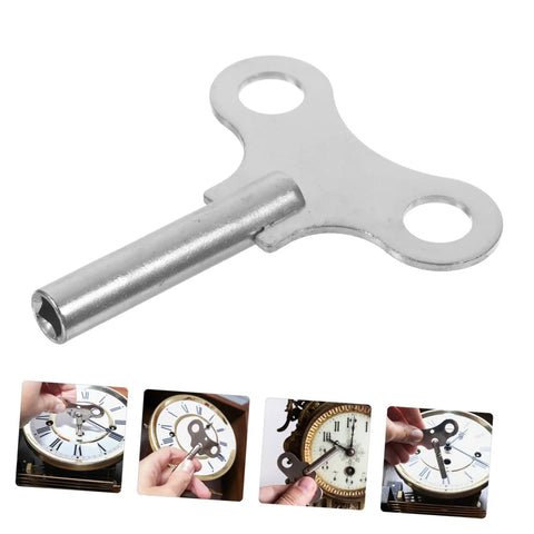 Rugged Pro Grade Steel Clock Winding Key For Wall And Alarm Clocks, showing its use in winding various traditional clocks.