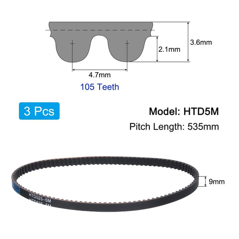 HTD 5M Rubber Timing Belt Set, Heavy Duty 525mm Pitch Length, 9mm Wide, 3.6mm Thick, 105 Teeth, Closed Loop Belt, Durable Neoprene With Nylon Reinforcement, 3 Pack