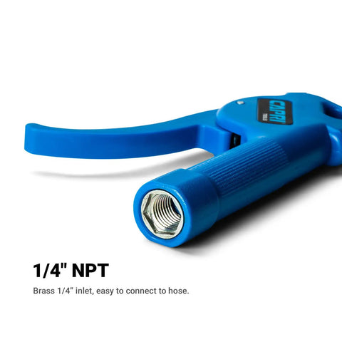 5 Inch Air Blow Gun With Rubber Tip For Quick Drying And Debris Clearing, 1/4 Inch NPT fittings, blue finish close-up of connection