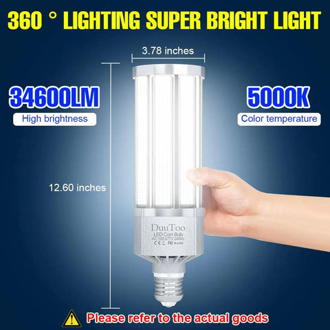 Hand holding 2800W Equivalent LED Corn Light Bulb 240W 5000K Daylight 34600 Lumens Mega Bright E39 Mogul Base