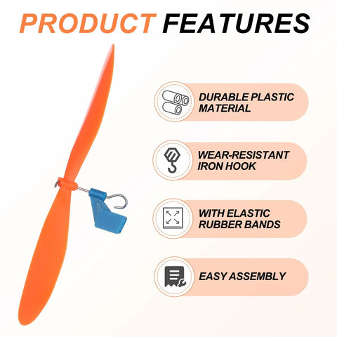 Ultra Durable Plastic Propeller Blades With Rubber Band Hooks For Helicopter Kits 5 Inch Fold Resistant For STEM Projects And DIY Science RC Powered Airplanes Orange Pack Of 20 highlighting features
