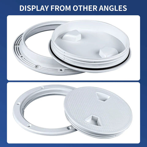 Round Non Slip Boat Hatch With Detachable Cover Waterproof ABS Marine Access Hatch for Boats and Yachts 4 6 8 Inch Options White Finish Weather Tight With O Ring Seal Ideal For Interior And Exterior Deck Use showing top and inside view.