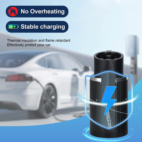 Nacs To J1772 Ev Charger Adapter With 80 Amp Dope Quick Swap Pins and Sealed IP55 Weather Cover, showcasing stable charging features.
