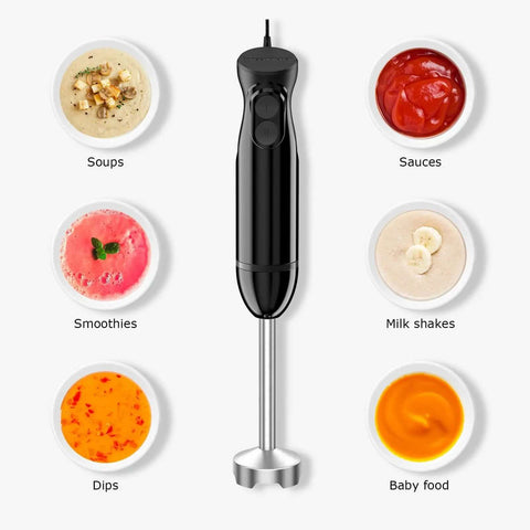 Hella Powerful 300 Watt Immersion Hand Blender Wand features sharp stainless blade set with soups, smoothies, sauces, and baby food.