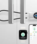 Biometric Cable Lock With Fingerprint And Bluetooth App Control for fridges cabinets and lockers shown in use with app display