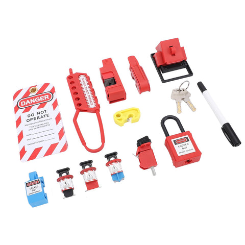 All In One Electrical Lockout Tagout Kit With 8 Locks And 6 Hole Hasp, circuit breaker lockout, padlock, keys, tag pens, storage bag