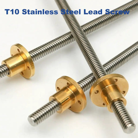 10mm Diameter T10 Trapezoidal Lead Screw For 3D Printers With 2mm Pitch, Stainless Steel 304, 500mm Length, T Type, Precision Linear Motion For Stepper Motors, Multiple Lead Options From 2mm To 16mm, T10 stainless steel lead screw with brass nuts