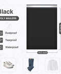 Black 14.5 By 19 Inch Poly Mailers 100 Pack Thick Self Sealing Waterproof Tear Resistant Shipping Bags For Clothing And Boutique Packaging Opaque With Gray Lining Perfect For Ecommerce Shipping Of Clothes And Accessories In Style With Matte Exterior, dimensions and features illustrated.