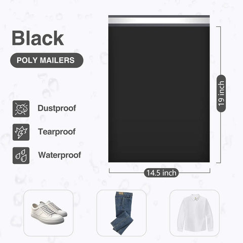 Black 14.5 By 19 Inch Poly Mailers 100 Pack Thick Self Sealing Waterproof Tear Resistant Shipping Bags For Clothing And Boutique Packaging Opaque With Gray Lining Perfect For Ecommerce Shipping Of Clothes And Accessories In Style With Matte Exterior, dimensions and features illustrated.