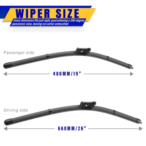 Heavy Duty Front Windshield Wiper Blades For Tesla Model 3 And Model Y Direct Oem Replacement, 19 inch and 26 inch sizes.