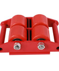 Four Pack Heavy Duty Machinery Rollers With Thirteen Thousand Two Hundred Lb Capacity showing rust red rollers and reinforced chassis.
