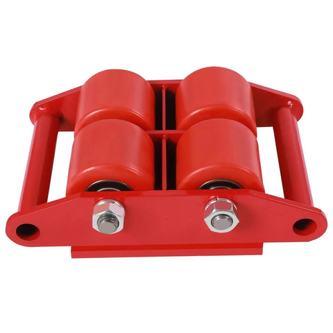 Four Pack Heavy Duty Machinery Rollers With Thirteen Thousand Two Hundred Lb Capacity showing rust red rollers and reinforced chassis.