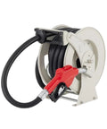 Smooth Operator Heavy Duty Self Retracting Fuel Hose Reel With Slick Auto Shut Off Gun For Diesel Gas And Water Transfer 50 Foot 1 Inch Gauge showing a durable reel with a red shut off gun.