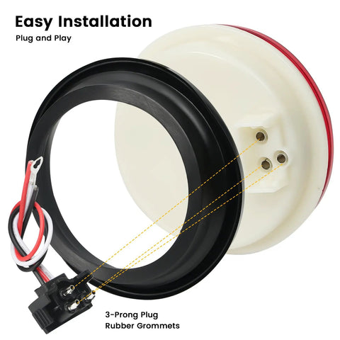 Back view of 4-Inch Round LED Trailer Lights with grommets and 3-prong pigtails showing easy installation setup