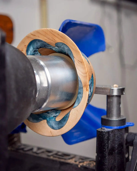 Woodturning lathe bowl with American Made Vacuum Chuck for Woodturning Lathe Bowls, 1 1/4 Inch 8 TPI, 3 1/2 Inch Outside Diameter.