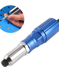 Heavy Duty Cordless Rivet Gun Adapter For Drills With Four Piece Aluminum Rivet Nut Kit, blue tool with polished head.