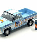 Chevy C10 Diecast Pickup Truck 1978 Light Blue White Stripes With Gulf Oil MJ Service And Repair Barrel Accessories One Sixty Fourth Scale Rare Limited Run 4800 Worldwide Auto World CP8055 Real Rubber Tires Opening Hood
