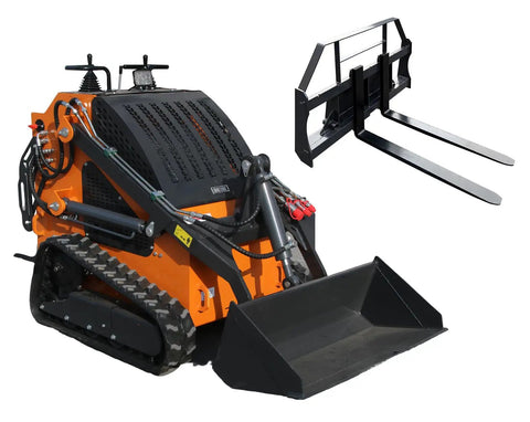 23 HP Mini Skid Steer Loader with bucket and pallet forks for garden and yard work farm jobs parks roads and construction sites