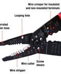 8 Inch Self-Adjusting Wire Stripper Set 3-In-1 Tool showing detailed components with labels for stripping, cutting, and crimping functions
