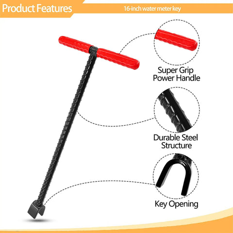 Heavy Duty 16 Inch Water Meter Key With Four Way Multi Functional Valve Shutoff Tool by CIZTADA, steel with red handle