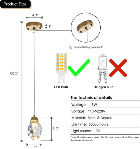 1 Light Diamond Crystal Pendant Light Dope Glow Mini Ceiling Hanging Fixture In Gold Brushed Brass with LED and G9 bulb compatibility