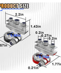 Product size diagram of 2 Pack 3 Way Battery Terminal Connectors Universal Top Post Clamps Positive Negative Copper Plates.