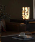 Real Marble Hexagon Table Lamp With Tri Color Dimmable LED, handcrafted stone lamp on side table in living room setting