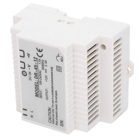 Beefy 45W 12V DIN Rail Switching Power Supply For Industrial Control, 100 240VAC Input, 12V Output, Single Output, Rugged ABS Housing, Plug And Play, Universal Electrical Conversion Component, white ABS DIN rail module