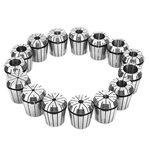 R8 ER-40 Collet Chuck Set With 15 ER40 Collets And Spanner For Milling And Drilling Machines, arranged in a circular pattern