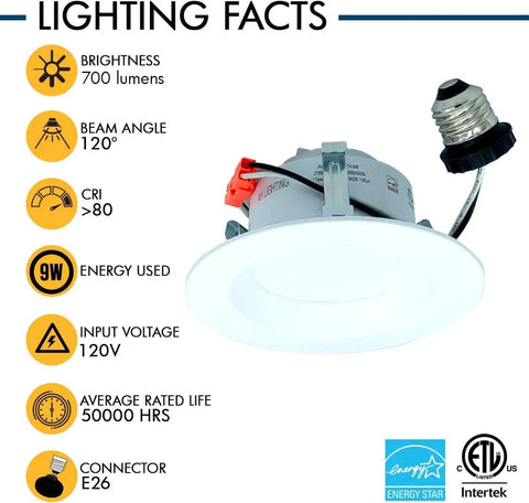 AH Lighting, Retrofit Smooth Reflector Kit, 4 Inch Dimmable LED 5CCT Downlight with brightness and specs details.