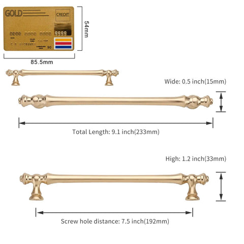 Six Pack Brushed Brass Cabinet Pulls 7.5 Inch Center To Center Hardware dimensions with credit card comparison. Gold handles.
