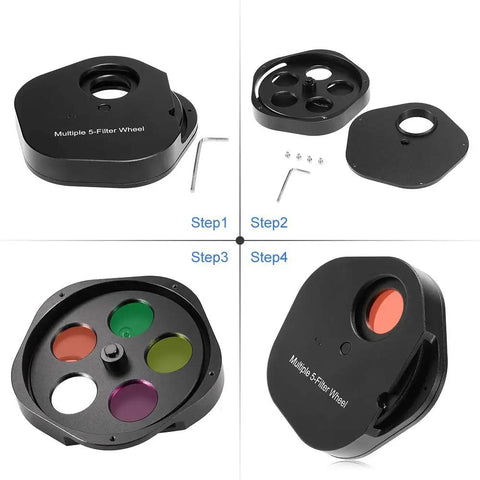 Step by step assembly of the 5-Position Eyepiece Filter Wheel For Astronomy Telescopes Aluminum Housing Quick-Change 5 Filters.