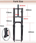 26 Inch Fat Tire Electric Bike Front Fork With Air Suspension, 180mm Travel, 135mm Hub Spacing, diagram with measurements