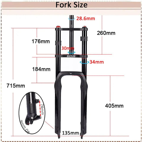 26 Inch Fat Tire Electric Bike Front Fork With Air Suspension, 180mm Travel, 135mm Hub Spacing, diagram with measurements
