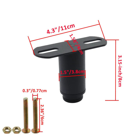 Beefy Iron Adjustable Bed Support Legs 4 Pack With Rock Solid Flex Setup And Non Slip Nylon Base For Tuff Furniture Stabilization and Scratch Resistant Floor Protector Pad showing a black iron leg support with measurements.
