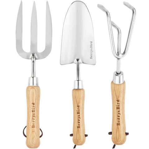 3 Piece Garden Tool Set With Stainless Steel Hand Trowel Hand Cultivator And Hand Fork With Wood Handles Perfect For Weeding Transplanting Digging And Soil Loosening Soil And Composting Includes Durable Tools For Easy Garden Upkeep And A Great Gift
