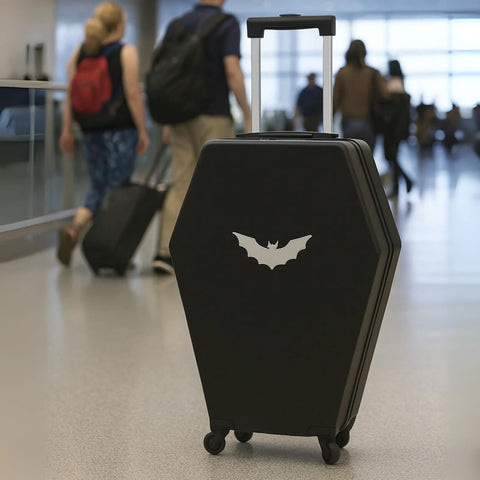 Coffin Shaped Carry On Luggage With Lock 26.5 Inch Gothic Hard Shell Spinner Suitcase in Black on airport floor with bat design