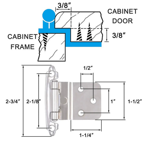 Dimensions diagram of 30 Pack Three Eighths Inch Inset Hinges For Face Frame Kitchen Cabinets Satin Nickel Self Closing Hinges With Mounting Screws Easy Install Heavy Duty Hardware For Smooth Self Closing Doors And Durable Cupboard Use