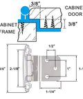 Diagram and dimensions of a Three Eighths Inch Inset Hinges For Face Frame Kitchen Cabinets Satin Nickel Self Closing Cupboard Hardware