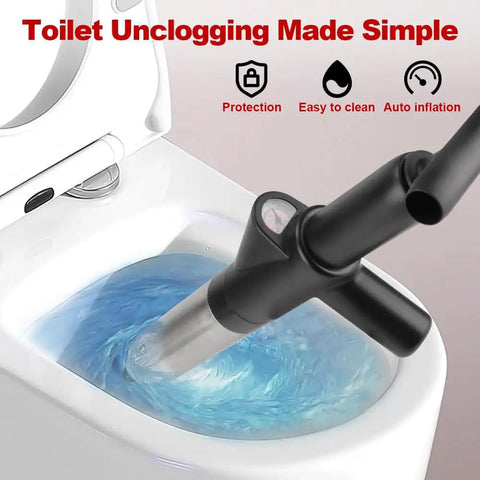 Heavy Duty High Pressure Toilet Plunger With Barometer And Extra Long Handle To Blast Away Pesky Clogs From Toilets Kitchen Sinks And Showers In Minutes No Sweat Air Drain Blaster For Home Plumbing Fixes On The Go in use, clearing water in a toilet bowl.