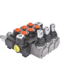 waltyotur monoblock hydraulic directional valve, 3-spool with SAE ports, black body and orange port caps