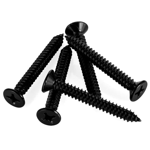 Heavy Duty 12 Gauge 2 Inch Flat Head Self Tapping Wood Screws 304 Stainless Steel Black Finish, close-up view of screws.