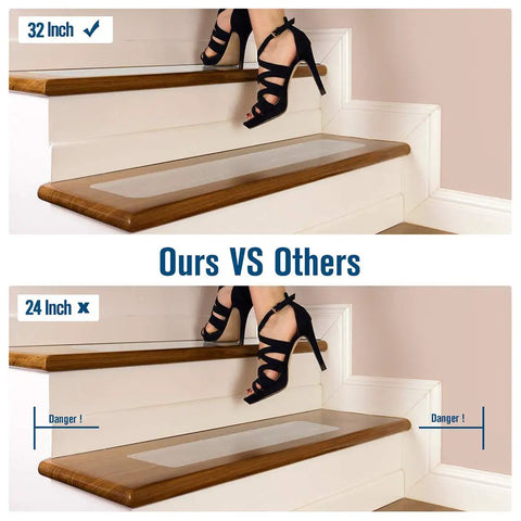 Comparison of clear no slip stair treads for indoors; 32 inch PEVA anti slip tape on stairs vs shorter 24 inch option.
