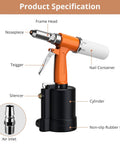 Diagram showing parts of Pneumatic Rivet Gun With 500 Rivets And 5 Nosepieces, Pro Grade Air Driven Riveter Tool, highlighting components.