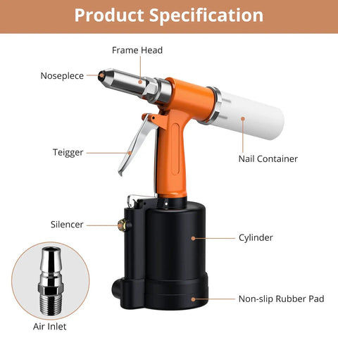 Diagram showing parts of Pneumatic Rivet Gun With 500 Rivets And 5 Nosepieces, Pro Grade Air Driven Riveter Tool, highlighting components.