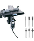 Bench Mounted Router Table Adapter For Corded Rotary Power Tools Featuring Six Hardened Steel Shaping Bits, 8x6 inch table, ideal for home shop.